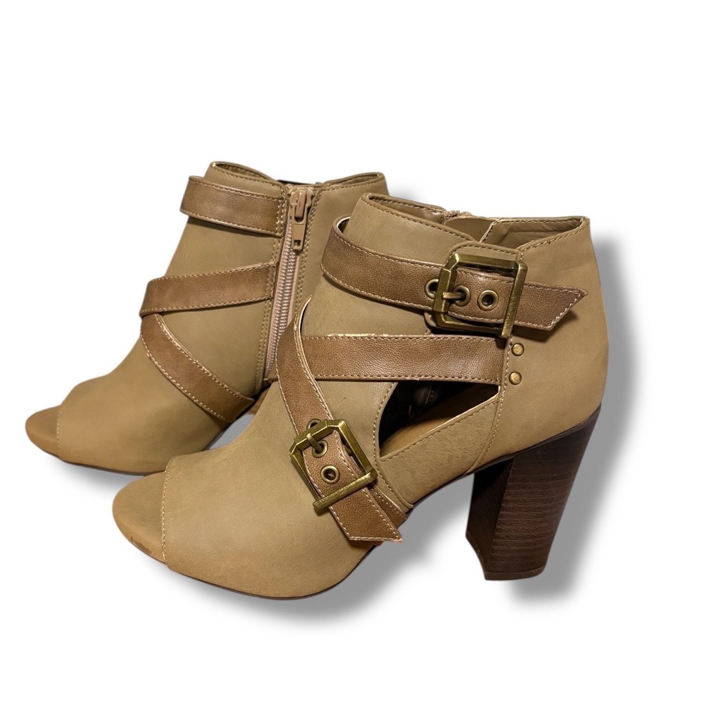 Fergalicious- Open Toe ankle boots - buckles & side zippers - tan  Sz 6.5